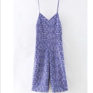 Blue Print Backless Jumpsuit w/ Pockets